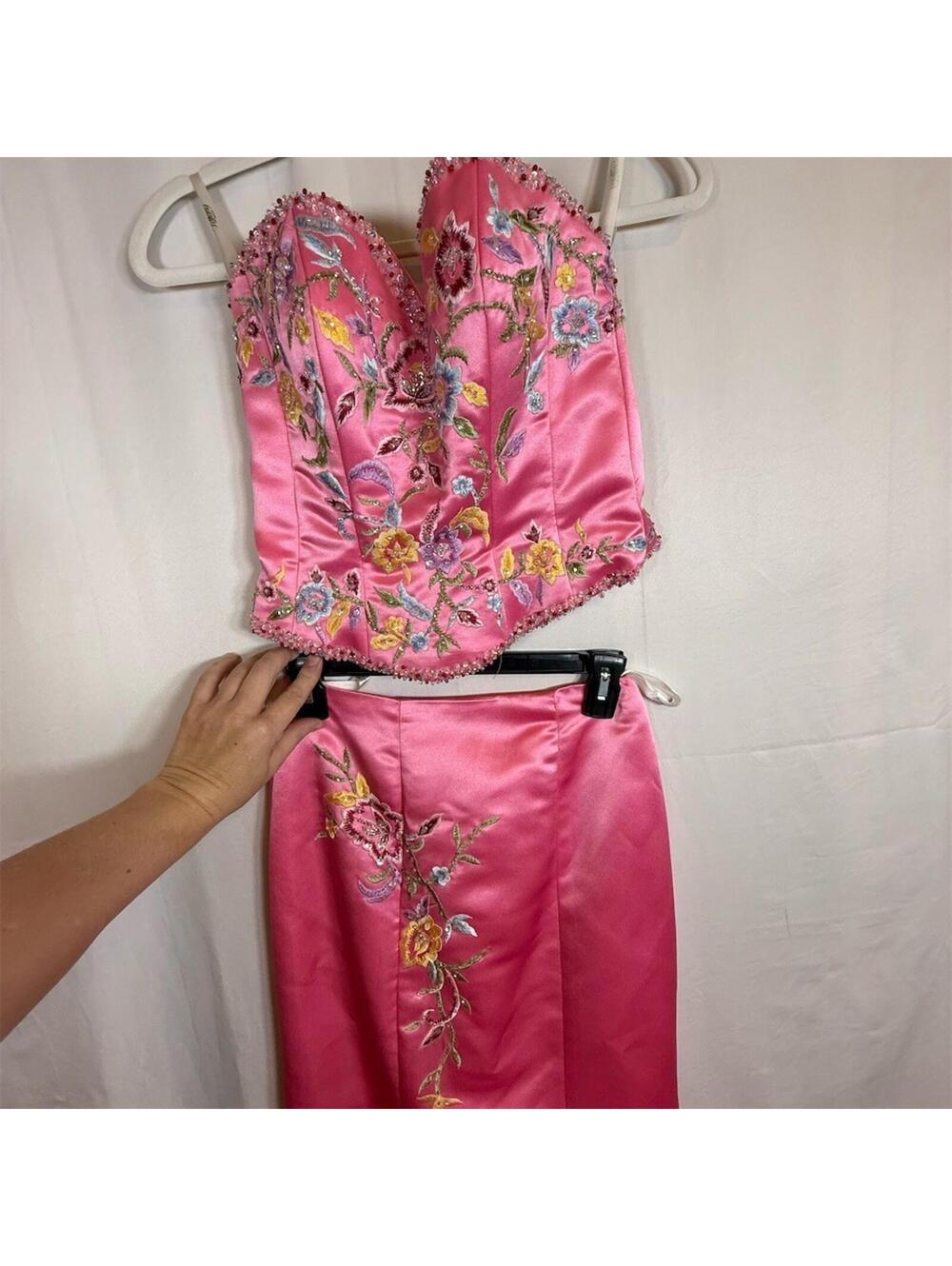 Womens 2-Piece Corset Bustier Top & Skirt Set Pink Floral Beaded 6